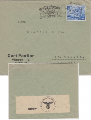 DR - 25 Pfg Leipziger Frühjahrsmesse Zensurbrief i.d. SCHWEIZ Plauen 1940