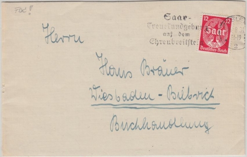 DR - 12 Pfg. Saarabstimmung ERSTTAGSBRIEF Koblenz 26.8.34 n. Wiesbaden RRR!