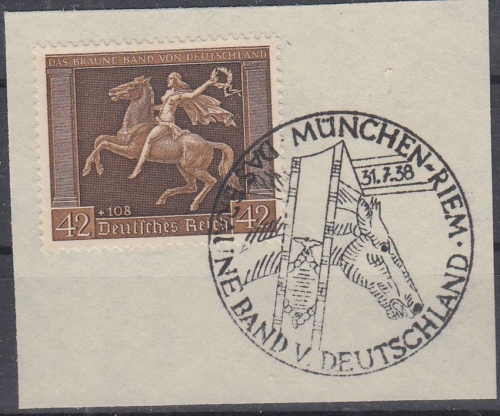 DR - 42 Pfg. Braunes Band 1938 Briefstück SST München-Riem 31.7.38