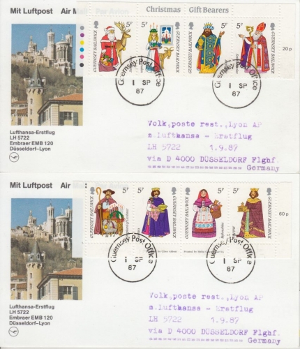 Guernsey - Weihnachten 1985 2x4er-Streifen ex KB 2 Karten n. Düsseldorf 1987