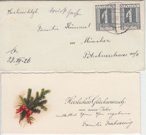 Österreich - 2x1 Gr. Ziffer Drucksachenbriefchen Lauterbach Tirol - München 1926