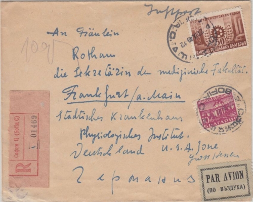 Bulgarien - 50 L. 5-Jahresplan u.a. Luftpost Einschreibebrief Sofia - FFM 1949