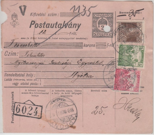 Ungarn/Slowakei - 2f. Ganzsache Postanweisung + Zusatz Appony - Nyitra 1918