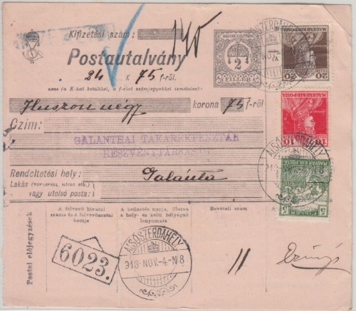 Ungarn/Slowakei - 2f. Ganzsache Postanweisung + Zusatz Alsószerdahely 1918