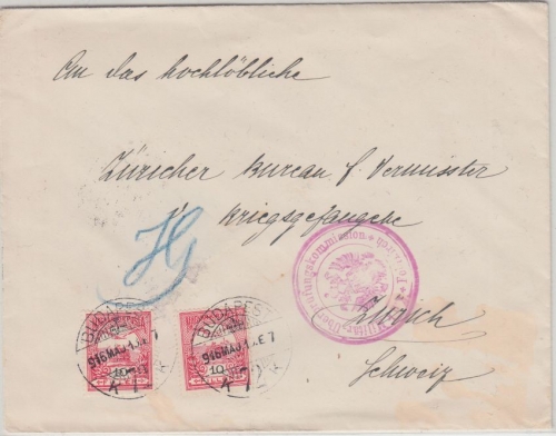 Ungarn - 2x10 F. Turul Zensurbrief i.d. SCHWEIZ Budapest - Zürich 1916