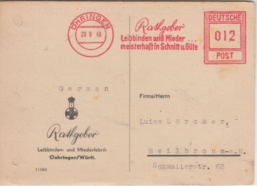 All.Bes./Kontrollrat - Öhringen 1946 12 Pfg. AFS "Rathgeber" (Wäsche) Karte n.