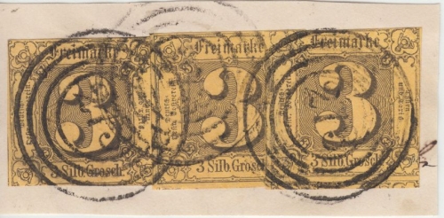 Thurn & Taxis - 3x3 Sgr. schwarz/gelb Briefstück Ring-Stpl. 273 (Gotha)