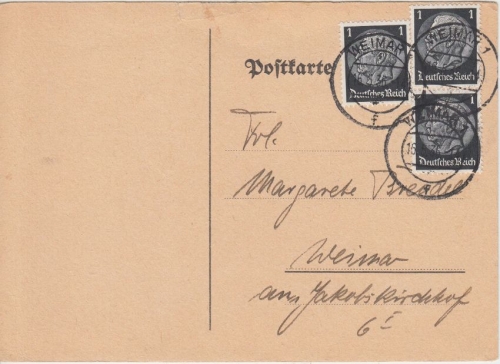 DR - 3x1 Pfg Hindenburg Drucksache (Zuteilung Arbeitsbuch) Ortskarte Weimar 1936