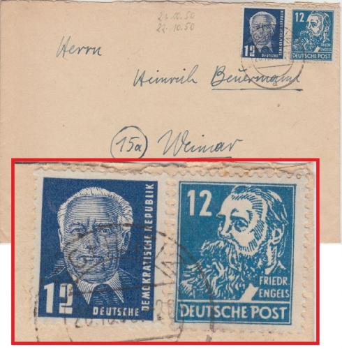 DDR - 12+12 Pfg Piech/Engels wertstufengleiche Mischfrankatur Brief Schleiz 1950