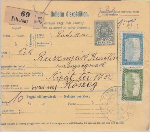 Ungarn/Österreich - 10 F. Ganzsache + Zusatz Paketkarte Féltorony - Köszeg 1918