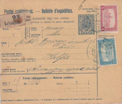Ungarn/Österreich - 10 F. Ganzsache + Zusatz Paketkarte Lajtaújfalu - Acsad 1918