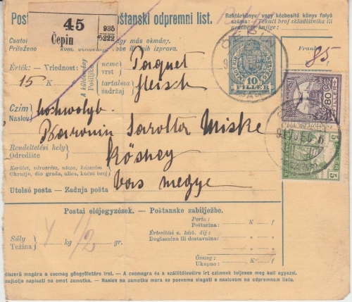 Ungarn/Kroatien - 10 F. Ganzsache + Zusatz Paketkarte Čepin - Köszeg 1918