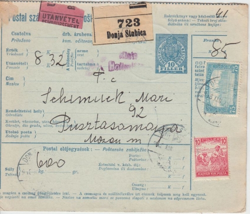 Ungarn/Kroatien - 10 F. Ganzsache+Zusatz Nachnahmepaketkarte Donja Stubica 1918