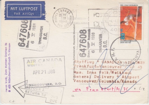 BRD - Air Canada Erstflug Frankfurt Vancouver Luftpostkarte 1988