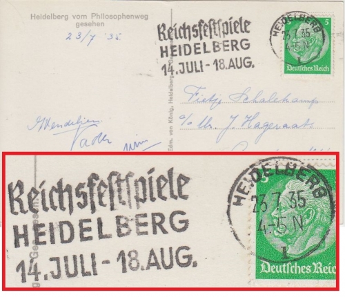 DR - Heidelberg Reichsfestspiele 1935 Masch.werbestempel Drucksache n. ENGLAND