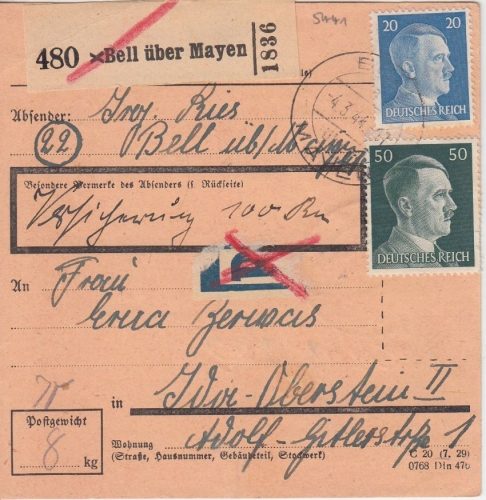DR - Bell ü. Mayen Poststelle I Wertpaketkarte n. Idar-Oberstein 1944