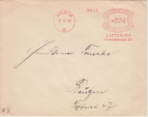 DR - Berlin SW68 1932 4 Pfg. AFS Lactumina Drucksachenbrief n. Bautzen