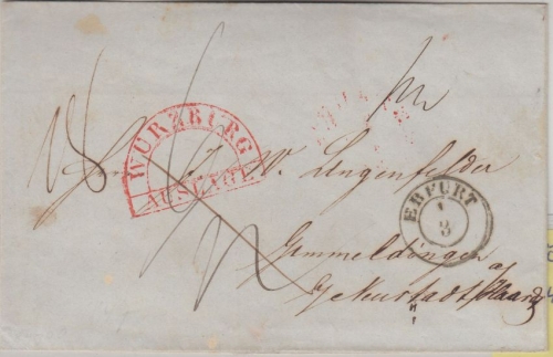 Preussen/Bayern - Erfurt 1/3 K2 Auslagenbrief (Würzburg) n. Gimmeldingen 1847