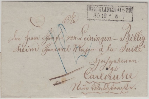 Preussen/Baden - Recklinghausen 30/12 Ra2 Portobrief n. Karlsruhe ca. 1860
