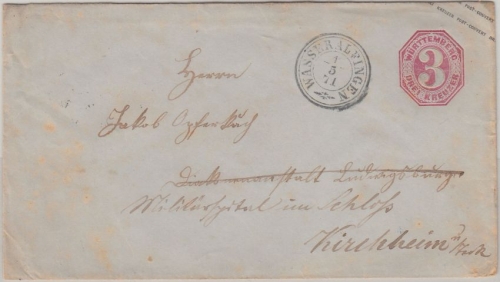 Württemberg - 3 Kr. Ganzsache K3 Wasseralfingen - Kirchheim/Teck 1871 Anschrift!