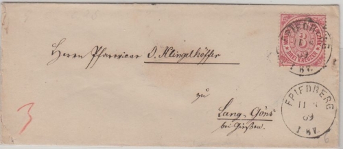 NDP - 3 Kr. gez. Brief K1 Friedberg - Langgöns 1869 - ohne Inhalt