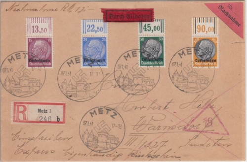 Dt. Bes. Lothringen - 100, 50, 25 +15 Pfg. Hindenburg Portostufe !! Metz 1941