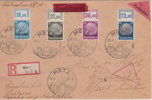 Dt. Bes. Lothringen - 80, 40, 30 +20 Pfg. Hindenburg Portostufe !! Metz 1941