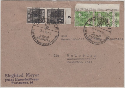 Bizone - 2x2+2x10 Pfg. Arbeiter Band/Netz Brief Hameln - Duisburg 1948