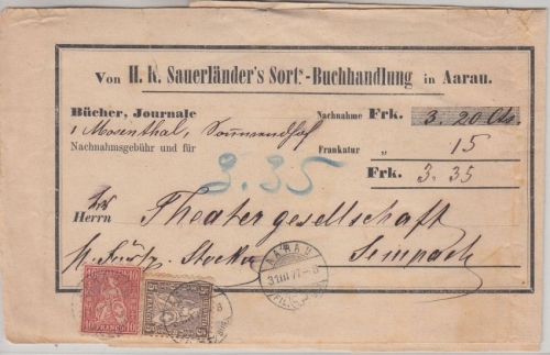Schweiz - 5+10 Rp. sitz. Helvetia Nachnahme-Streiband Aarau - Sempach 1877