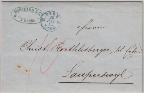 Schweiz - Bern 26 JULI 1854 blauer Fingerhutstpl. Brief n. Lauperswyl mit Inhalt