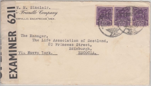 Mexiko - Zacatecas 1941 Zensurbrief n. ENGLAND - US-Zensurverschluss