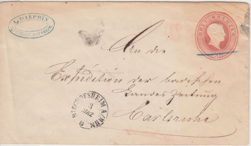 Baden - 3 Kr. Ganzsache K2 Bischofsheim a/Rhn 3 Mrz n. Karlsruhe 1867