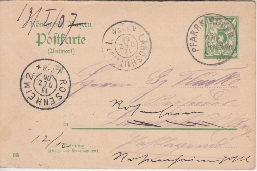 Bayern - 5 Pfg. Rauten Ganzsache A-Teil Pfarrkirchen Landshut Rosenheim 1906