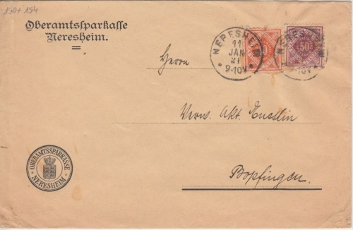 Württemberg - 50+10 Pfg. Dienstmarken Brief Neresheim - Bopfingen 11.1.1921 (!!)