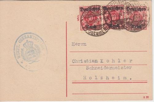 DR-Infla - 10 Pfg. württ. Dienst-Ganzsache/DR+Zusatz Göppingen - Holzheim 1920