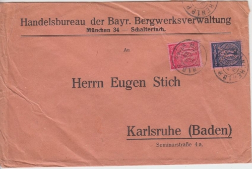 DR-Infla - 20+100 M Perfin Dienstbrief Bayr. Bergwerksverwaltung München 18.7.23