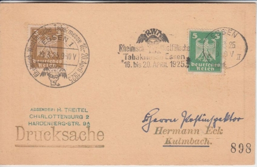 DR - Essen 1925 Tabakmesse Hand- u. Masch.werbestempel Karte n. Kulmbach