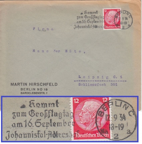 DR - Berlin 1934 Großflugtag Johannistal-Adlershof Masch.-Werbestempel Brief