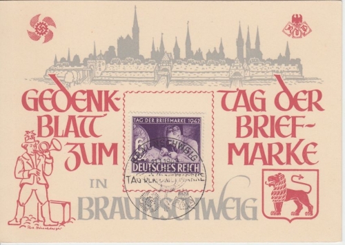 DR - 6 Pfg. Tag d. Briefmarke Gedenkblatt (FDC) + ESST Braunschweig 11.1.42