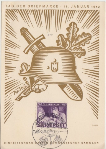 DR - 6 Pfg. Tag d. Briefmarke Gedenkblatt (Stahlhelm)+ ESST Braunschweig 11.1.42