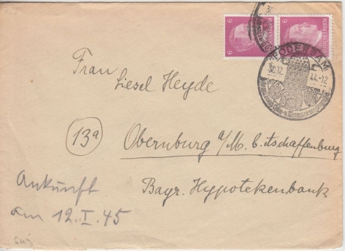 DR - Podersam 30.12.44 Handwerbestempel Brief n. Obernburg