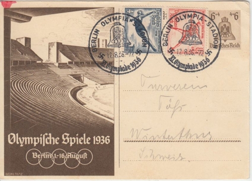 DR Olympiade 1936 Sonderganzsache+Zusatz i.d. SCHWEIZ SST Berlin Olympia-Stadion