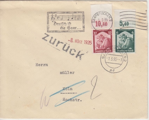 DR - 6+12 Pfg. Saarabstimmung Oberränder Brief n. Köln - Retourvermerk 1935