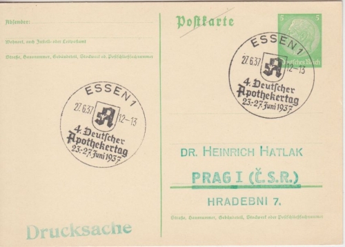 DR - Essen 1937 4. Deutscher Apothekertag SST 5 Pfg. Ganzsache n. Prag