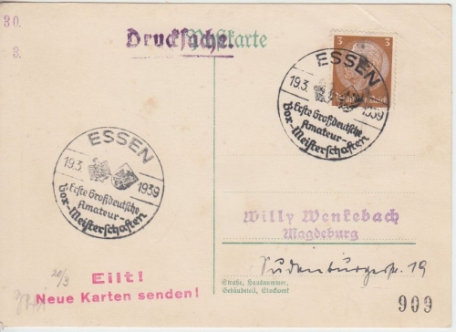 DR - Essen 1939 1. Großdeutsche Amateur-Box-Meisterschaft SST Drucksachenkarte