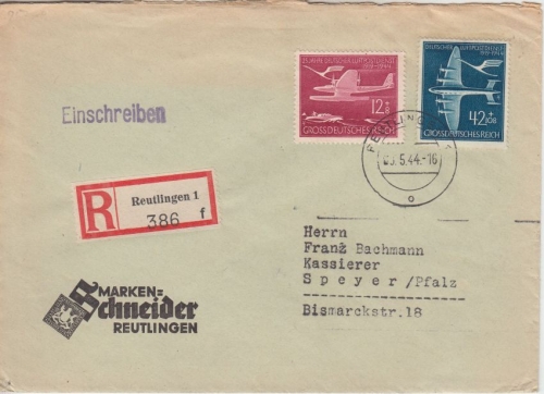 DR - 42+12 Pfg. Luftpostdienst Einschreibebrief Reutlingen - Speyer 1944