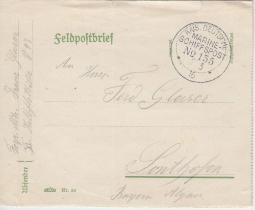 DR - Kais. Dt. Marine-Schiffspost No.155 Feldpostbrief n. Sonthofen 1916