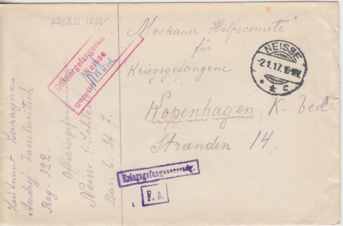 DR - Neisse 1917 Kriegsgefangenenbrief n. DÄNEMARK Lagerzensur Offiers-Lager