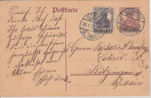 Saargebiet - 15 Pfg. Germania Ganzsache + Zusatz Illingen - Kitzingen 1921