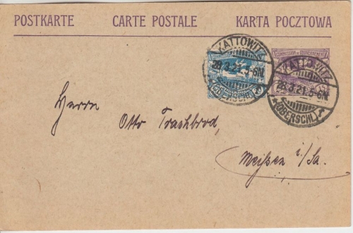 Oberschlesien - 15 Pfg. Ganzsache + Zusatz Kattowitz - Meißen 1921